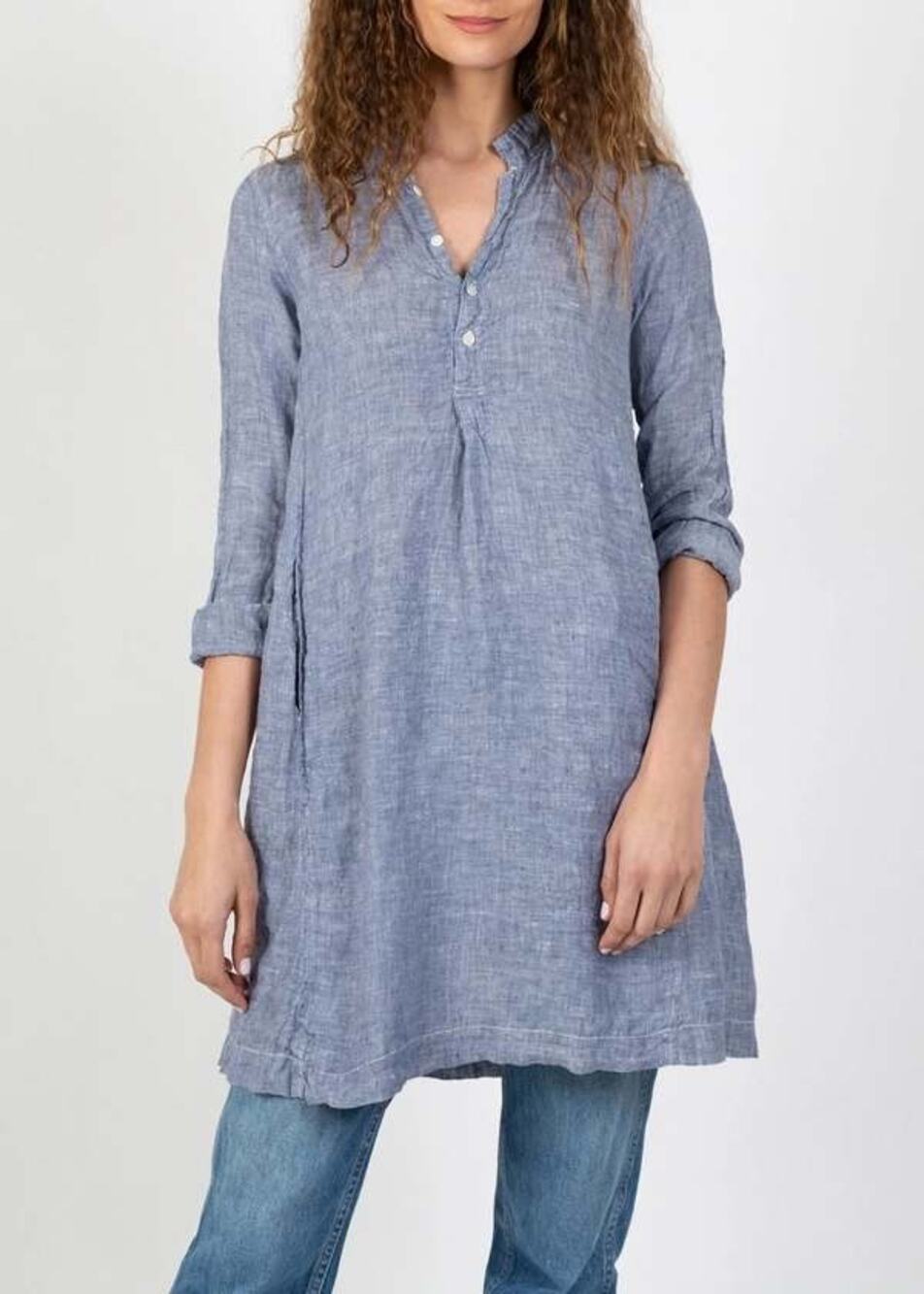 CP Shades hades "Jasmine" Blue Pinstripe 100% Linen Tunic Shirt Dress Size Small